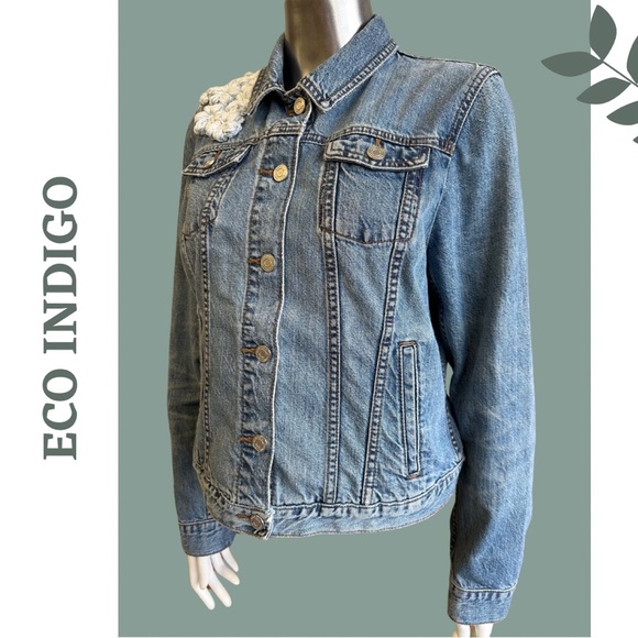 Eco Indigo Upcycled Jean Jacket Floral Crochet Flowers Cotton Blue Size Large - Picture 6 of 10